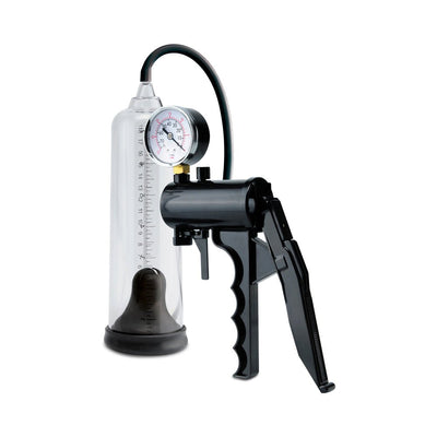 Pump Worx Max Precision Power Pump in black with clear vacuum cylinder, pressure gauge, and pistol grip handle.