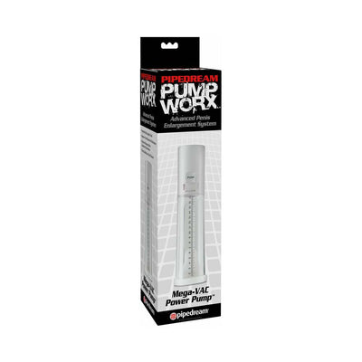 Pump Worx Mega Vac Power Pump in white with clear measurement cylinder, packaged in black and white box with red accents.