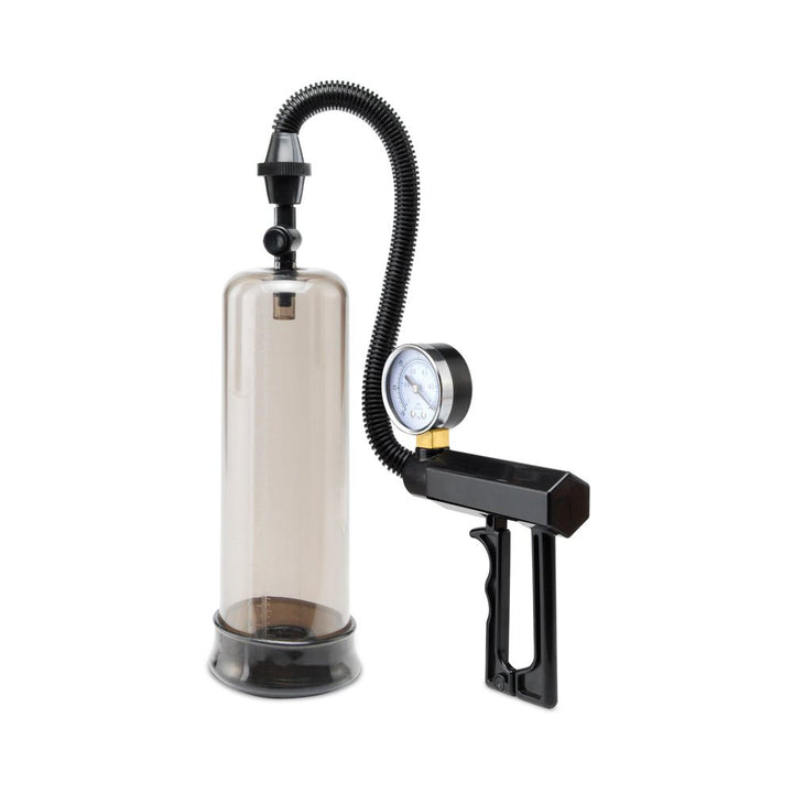 Black pistol grip power pump with transparent cylinder, pressure gauge, and flexible vacuum hose on white background.