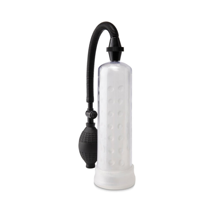 Clear silicone power pump with textured interior and black hand pump bulb on white background