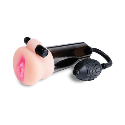 Travel-friendly penis pump with soft Fanta-Flesh sleeve, manual pump bulb, and vibrating bullet attachment.
