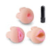 Three soft silicone pump topper sleeves in different shapes with a small black vibrating bullet accessory.