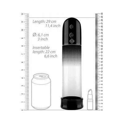 Black and clear automatic vacuum pump with measurement scales and size comparisons to a soda can and lipstick.