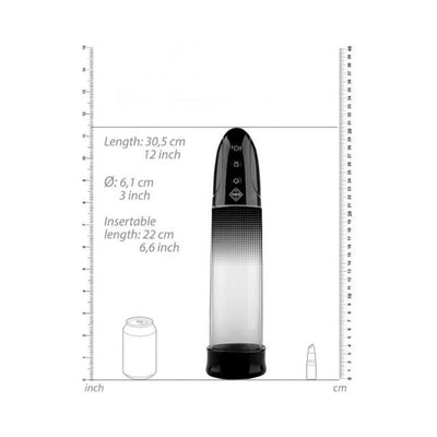 Black automatic rechargeable pump with clear cylinder, shown with measurements and size comparison to a soda can and lipstick.