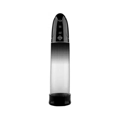 Black and clear automatic rechargeable vacuum pump with digital control buttons on top and a silicone seal at the base.