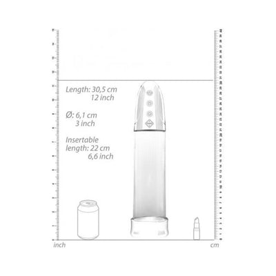 Clear automatic rechargeable pump with control buttons and silicone sleeve, shown with size measurements in cm and inches.