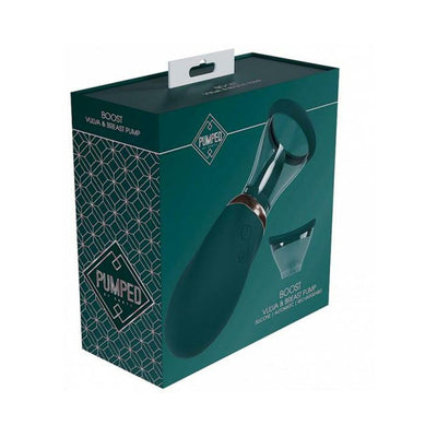 Forest green Pumped Boost automatic rechargeable vulva and breast pump in branded packaging with geometric pattern design.