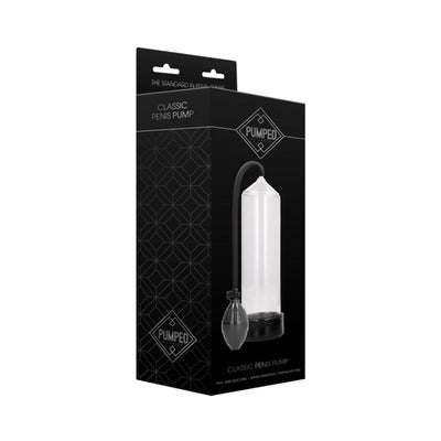 Packaging box of the Classic Penis Pump by PUMPED featuring a clear cylinder and black handheld pump with hose.