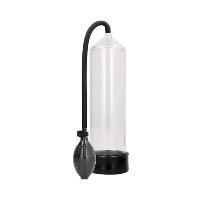 Clear vacuum erection device with black hand pump and flexible hose on white background