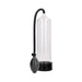 Clear vacuum erection device with black hand pump and flexible hose on white background