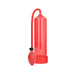Red classic vacuum penis pump with handheld bulb and flexible hose on white background