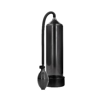 Black classic vacuum erection pump with handheld bulb and flexible hose on white background