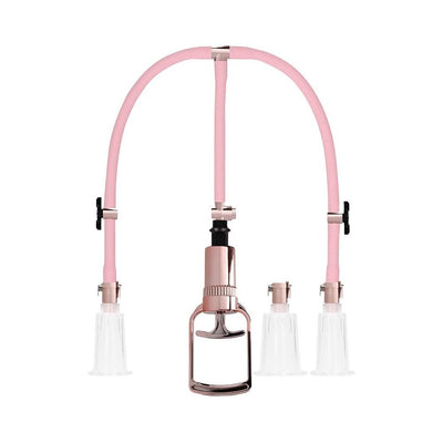 Rose gold and pink clitoral and nipple pump set with three clear acrylic cylinders and hand pump with release valve.