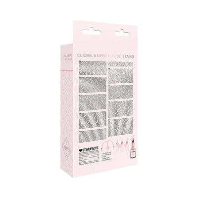 Packaging box of Pumped Clitoral and Nipple Pump Set Large in rose gold with product details and usage instructions.