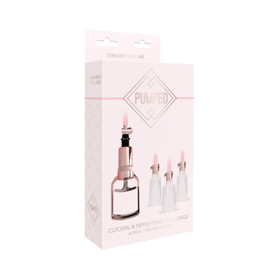 Rose gold clitoral and nipple pump set with three acrylic cylinders in elegant packaging.
