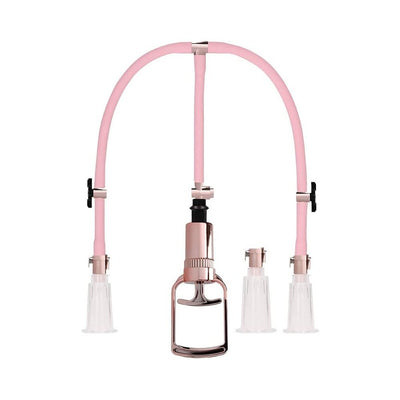 Rose gold and pink clitoral and nipple pump set with three clear silicone cups and hand pump with suction control.