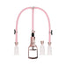 Rose gold and pink clitoral and nipple pump set with three clear silicone cups and hand pump with suction control.