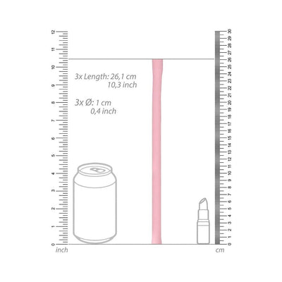 Medium-sized pink silicone hose for clitoral and nipple pump set with size comparison to soda can and lipstick.