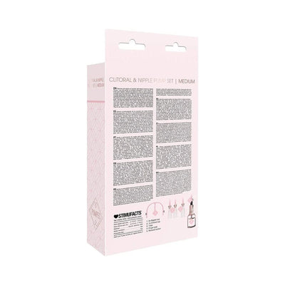 Packaging box of Pumped medium clitoral and nipple pump set in rose color with product details and usage instructions.