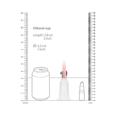 Medium-sized clear clitoral pump cup with rose gold connector shown next to size comparison illustrations.