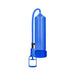 Blue vacuum pump with trigger grip, flexible hose, and transparent cylinder for comfortable use and effective suction.