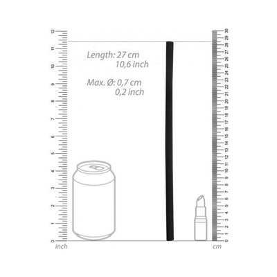 Flexible black silicone hose measuring 27 cm long and 0.7 cm in diameter shown with size comparison to a soda can and lipstick.
