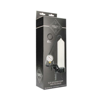 Packaging box of Pumped Elite Beginner Pump with clear cylinder, black pistol grip pump, and pressure gauge shown on front.