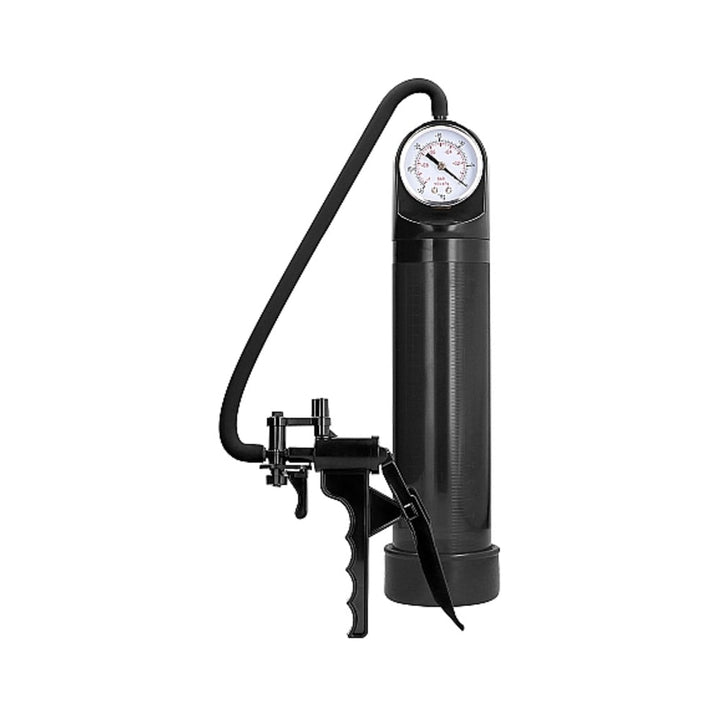 Black cylindrical pump with pistol grip handle, attached hose, and integrated pressure gauge on top.