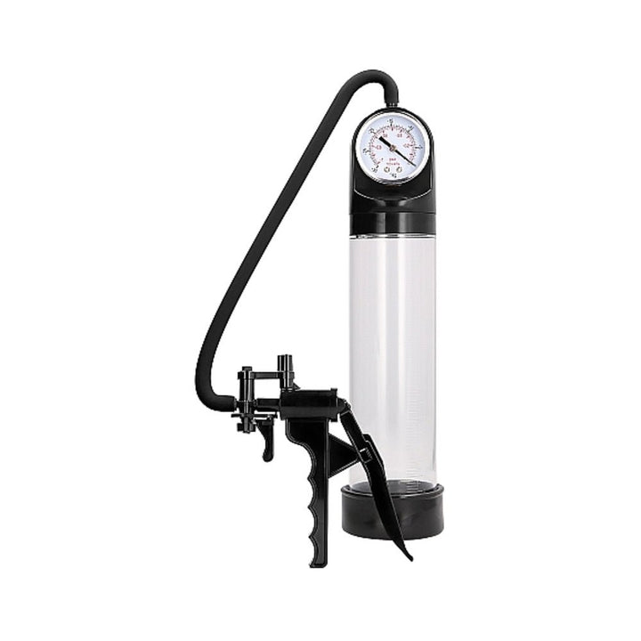 Clear cylinder pump with black pistol grip handle, pressure gauge, and flexible hose for precise control and comfort.
