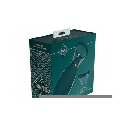 Forest green Pumped Enhance automatic rechargeable vulva and breast pump with silicone cups in retail packaging.