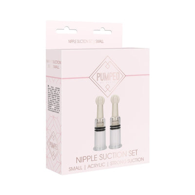 Pumped small nipple suction set in rose packaging with two clear acrylic suction cups for enhanced sensitivity.