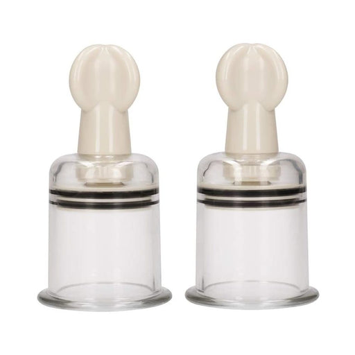 Pair of large transparent nipple suction cups with beige twist tops for adjustable stimulation
