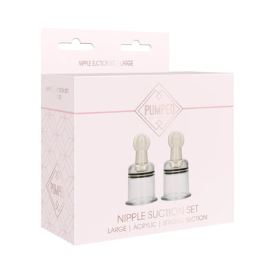 Pumped large nipple suction set in transparent acrylic with strong suction, displayed in soft pink packaging.