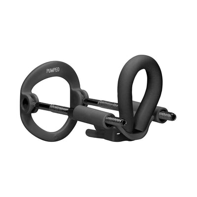 Black Pumped Penis Extender device with spring-loaded steel rods and padded loop for comfortable traction.