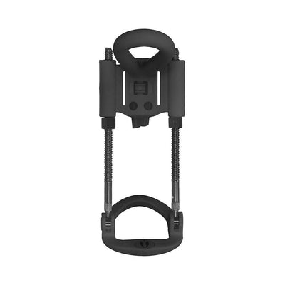 Black adjustable penis extender device with spring-loaded rods and padded supports for comfort.