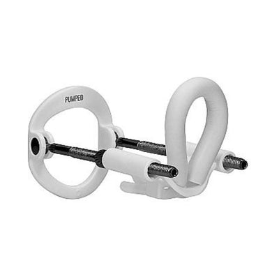 White and black adjustable penis extender device with spring-loaded rods and padded support loop.