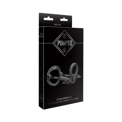Black packaging box for Pumped Penis Extender featuring a sleek image of the extender device on the front.