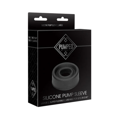 Black packaging box for Pumped large silicone pump sleeve with product image and branding on front.