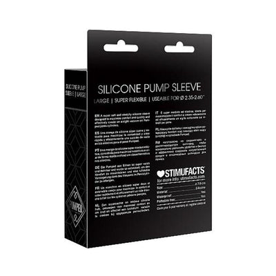 Black packaging box of Pumped Large Silicone Pump Sleeve with product details and multilingual text.