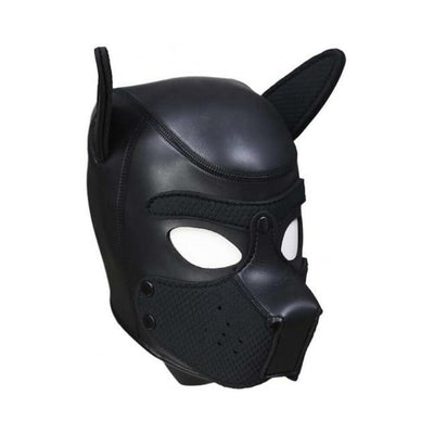 Black neoprene puppy play hood with detachable muzzle and pointed ears for role-playing.