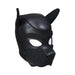 Black neoprene puppy play hood with detachable muzzle and pointed ears for role-playing.