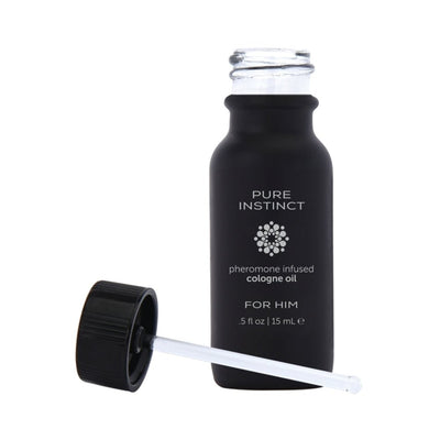 Matte black 0.5oz Pure Instinct pheromone cologne oil bottle for him with dropper cap on white background.