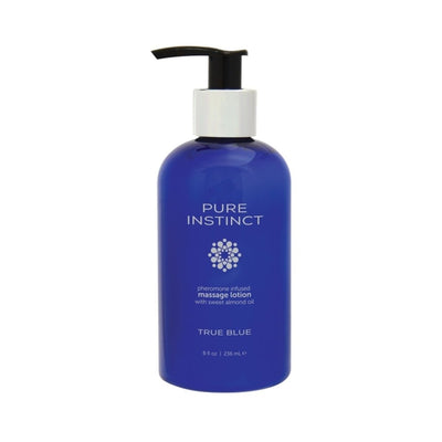 Blue 8 oz Pure Instinct True Blue pheromone-infused massage lotion bottle with black pump dispenser