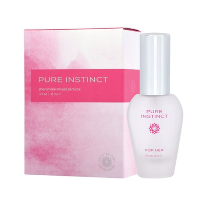 Pure Instinct pheromone perfume for her in frosted glass bottle with silver cap and pink-accented packaging box.