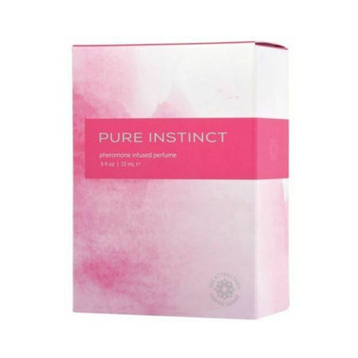 Pink and white box packaging of Pure Instinct pheromone infused perfume for her 0.5oz with elegant design.