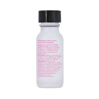 Small frosted glass bottle of Pure Instinct Pheromone Perfume Oil for Her with black cap and pink text label.