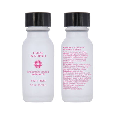 Two frosted glass bottles of Pure Instinct pheromone-infused perfume oil for her, 0.5 fl oz, with black caps and pink text.