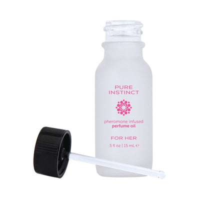 Frosted glass bottle of Pure Instinct pheromone perfume oil for her with black dropper cap on white background.