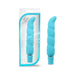 Blue silicone Purity G vibrator with ergonomic curve and spiral texture shown inside and outside packaging.