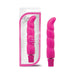 Pink silicone Purity G vibrator with ergonomic curve and spiral texture shown inside and outside its packaging.